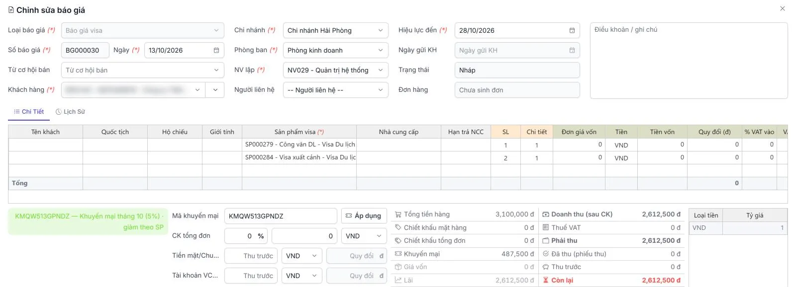Form báo giá visa trên Stway: các dòng sản phẩm visa, mã khuyến mại đã áp, bảng tổng tiền và ô hiệu lực đến