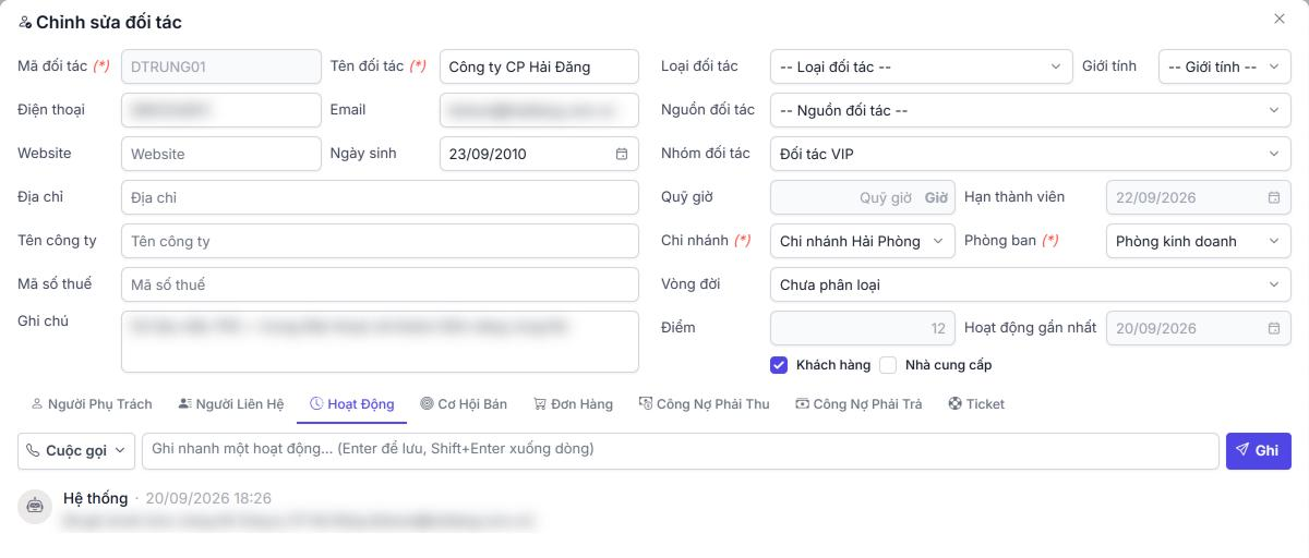 Ảnh màn hình Stway: Hồ sơ đối tác: hoạt động, cơ hội bán, đơn hàng, công nợ