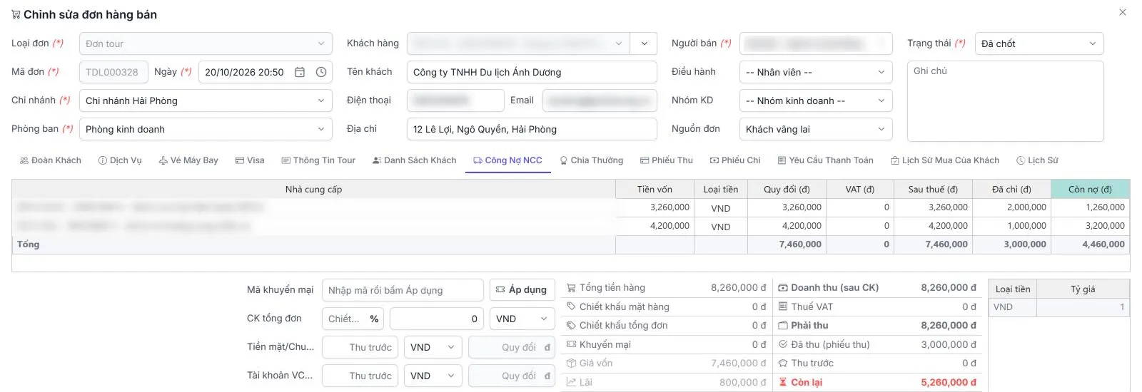 Thẻ Công nợ nhà cung cấp trên đơn tour của Stway: tiền vốn, đã chi và còn nợ của từng nhà cung cấp